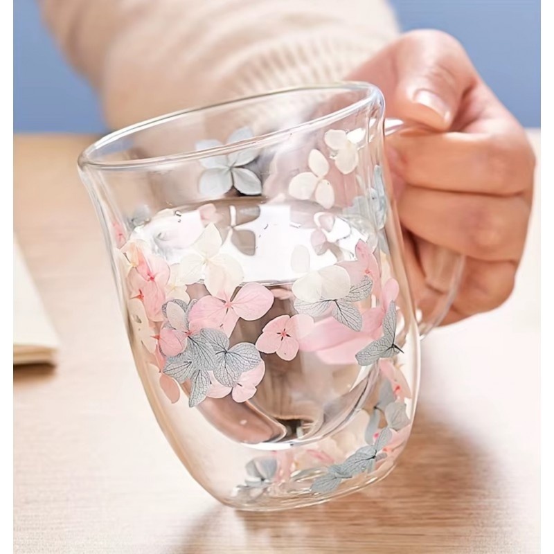 Cană cu flori uscate, pereți dubli, sticlă borosilicată, izolare termică, hortensie, 300 ml